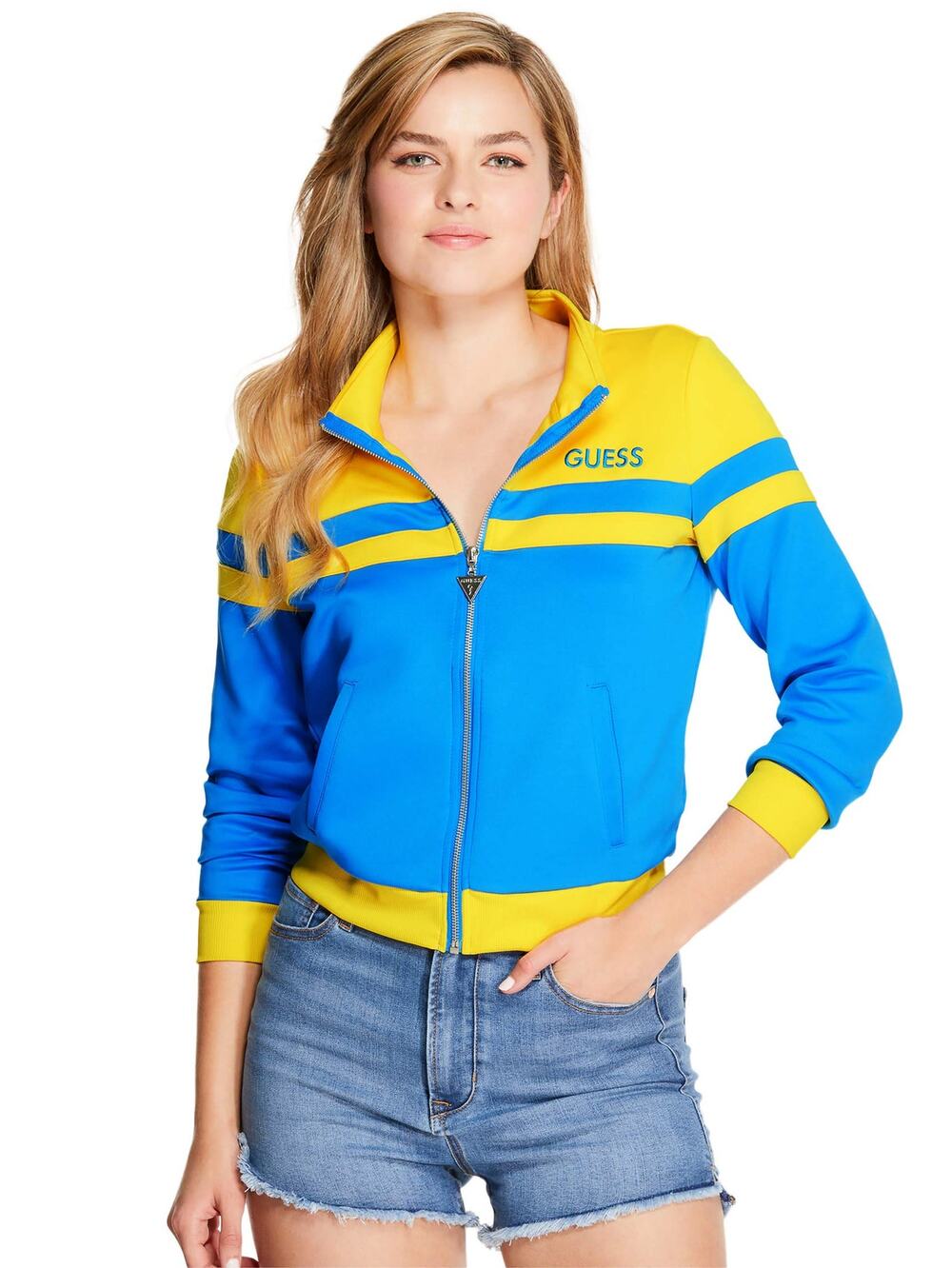 NWT GUESS Factory Niko Tricot Track Jacket Crete Blue Sz L
